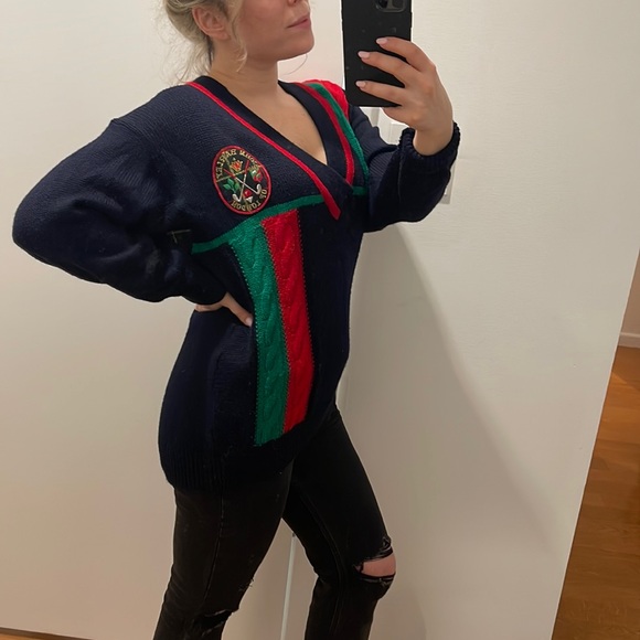 John Barley of London Vintage Preppy Navy V-Neck Cable-Knit Sweater - Picture 3 of 6